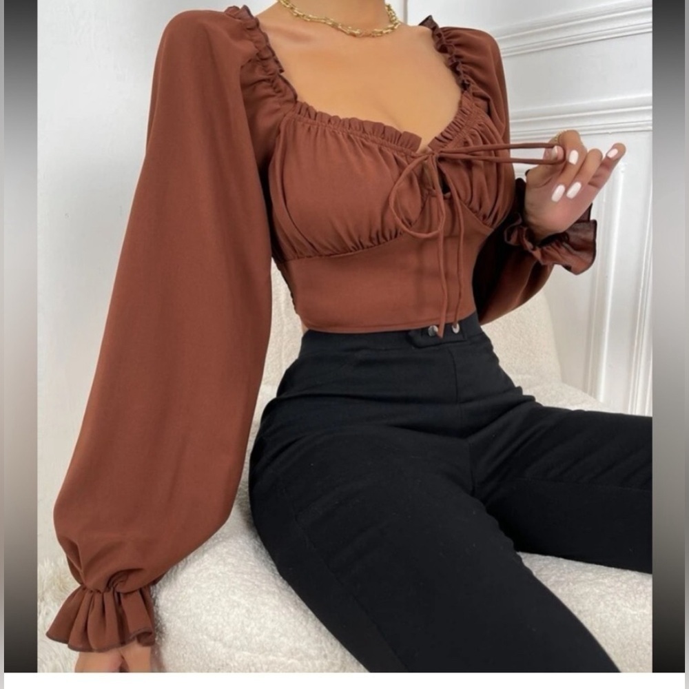 Frill Trim Bell Sleeve Ruched Bust Top 2XL